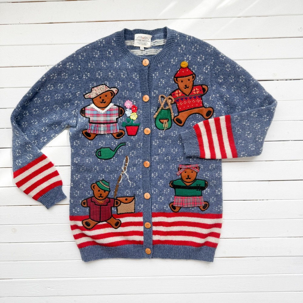 vtg Susan Bristol‎ blue teddy bear novelty wool cardigan sweater